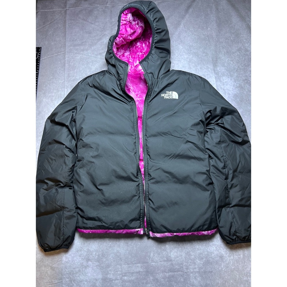 The North Face Girls Puffer Jacket Reversible Black Pink TieDye 600 Down M 10-12